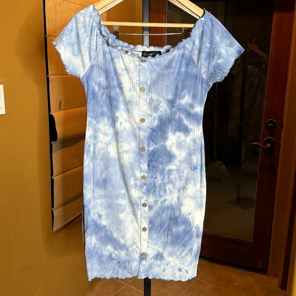 Derek Heart Blue White Tie Dye Off Shoulder Ribbed Mini Dress Size Large